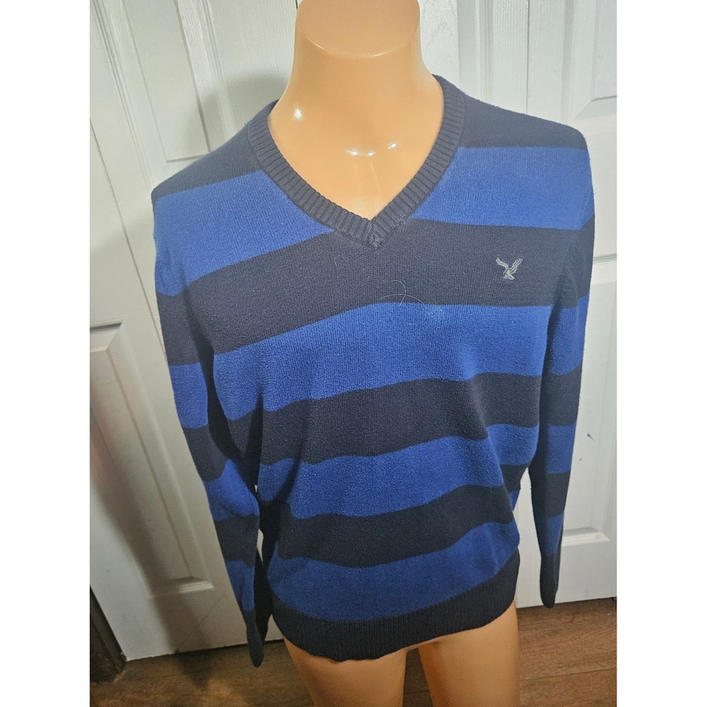 American Eagle Outfitters Mens Blue Striped V Neck Sweater